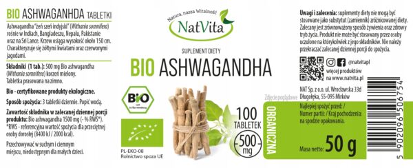 Ashwagandha BIO Adaptogen Indian Ginseng Stress 500mg 100 Tabs NatVita - Image 2