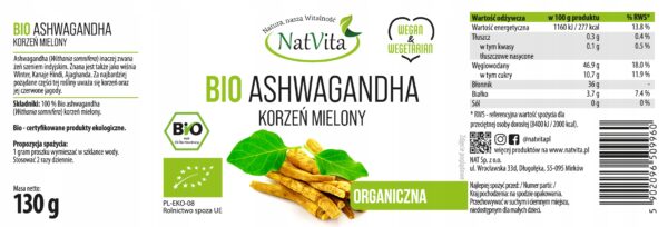 Ashwagandha Organic Ground Adaptogen Ginseng Indian Stress 130g NatVita - Image 3