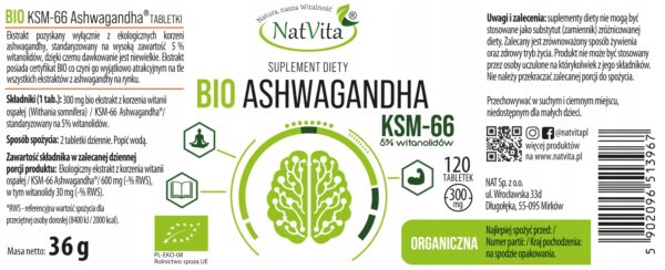 Ashwagandha EXTRACT for Stress KSM-66 BIO Organic 300mg 120 Tab NatVita - Image 2