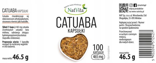 Catuaba Natural Aphrodisiac Bark Ground 465mg 100 Capsules NatVita - Image 2