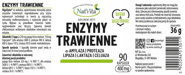 DIGEZYME Digestive Enzymes Alpha Amylase Digestion 90 Capsules 400mg NatVita - Image 2