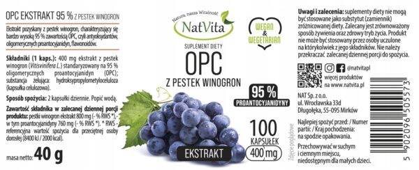 Grape Seed Extract 95% OPC Polyphenols 400mg 100 Capsules NatVita - Image 2