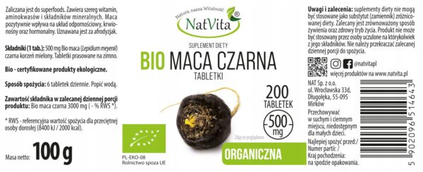Maca BIO RAW Black Organic Natural Libido Tablets 500mg NatVita - Image 2
