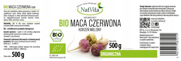 Maca BIO RAW Red Organic Ground Efficiency Energy 500g NatVita - Image 2