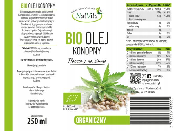 Organic Hemp Oil Cold Pressed Ecological Natural 250ml NatVita - Image 2