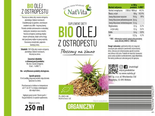 Milk Thistle Oil Organic Cold Pressed Ecological Natural 250ml NatVita - Image 2