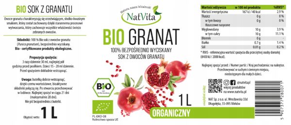 Pomegranate Juice Extract 100% Natural Ecological BIO 1000ml NatVita - Image 2