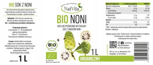 Noni Fruit Juice BIO 100% Natural Ingredients Ecological 1000ml NatVita - Image 2