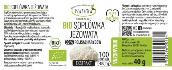 Lion's Mane Mushroom Organic Extract Memory Stress Ecological 100 Caps NatVita - Image 2