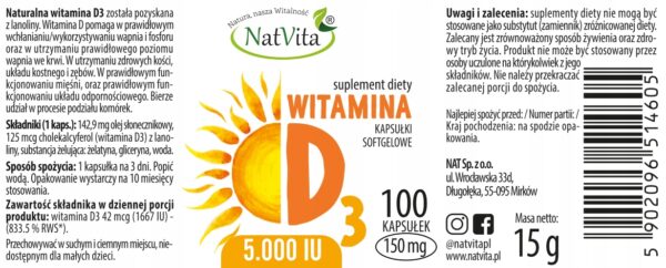 Vitamin D3 - 5000 IU 100 softgel caps NatVita - Image 2