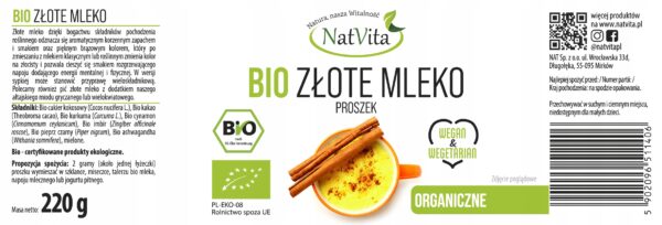Golden Milk BIO Drink Turmeric Cocoa Ashwagandha Cinnamon Pepper 220g NatVita - Image 2
