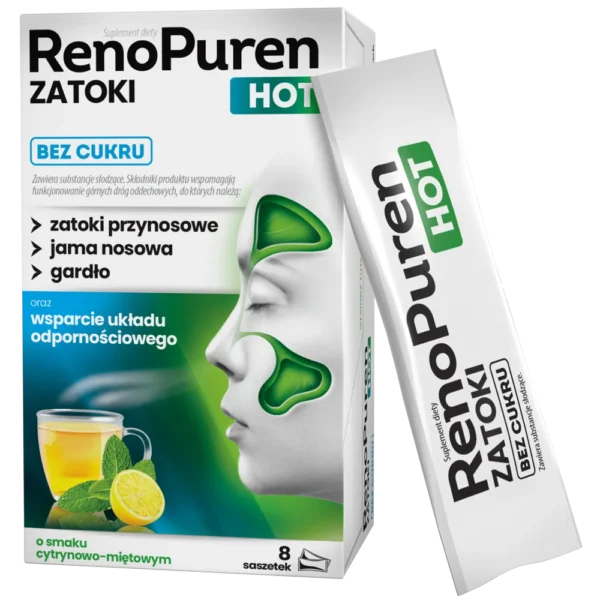 RenoPuren Zatoki Hot Sugar-free, lemon-mint flavor, 8 sachets - Image 1