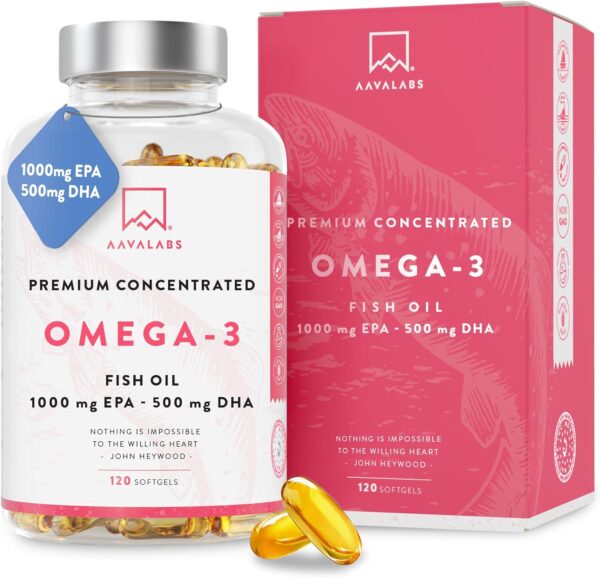 Omega 3 + Vitamin E 120 caps 1000 EPA 500 DHA Healthy Heart Brain AAVALABS - Image 1